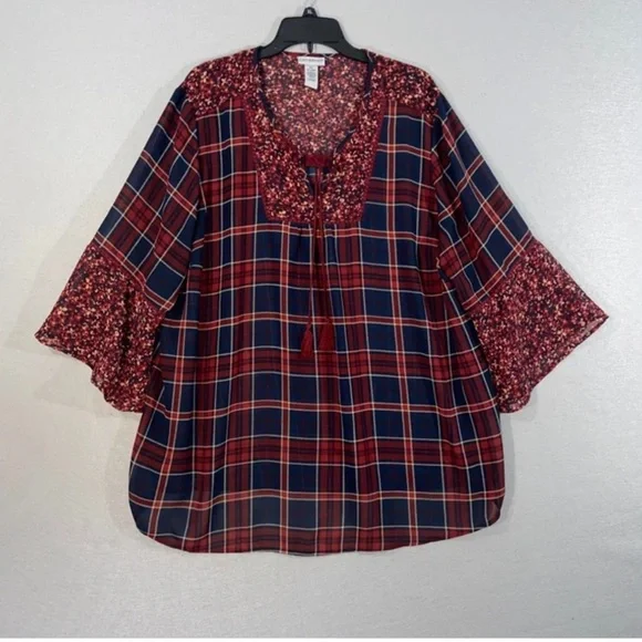 Catherine’s Women’s plus-size Navy Blue & Red Floral Bell-sleeve Blouse❤️❤️4X - Picture 2 of 7